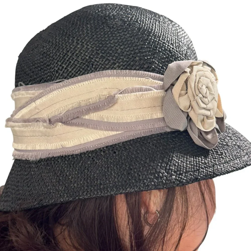 Tony Merinda for Christys’ Crown Series Black Straw Bucket Hat with Ribbon Roset
